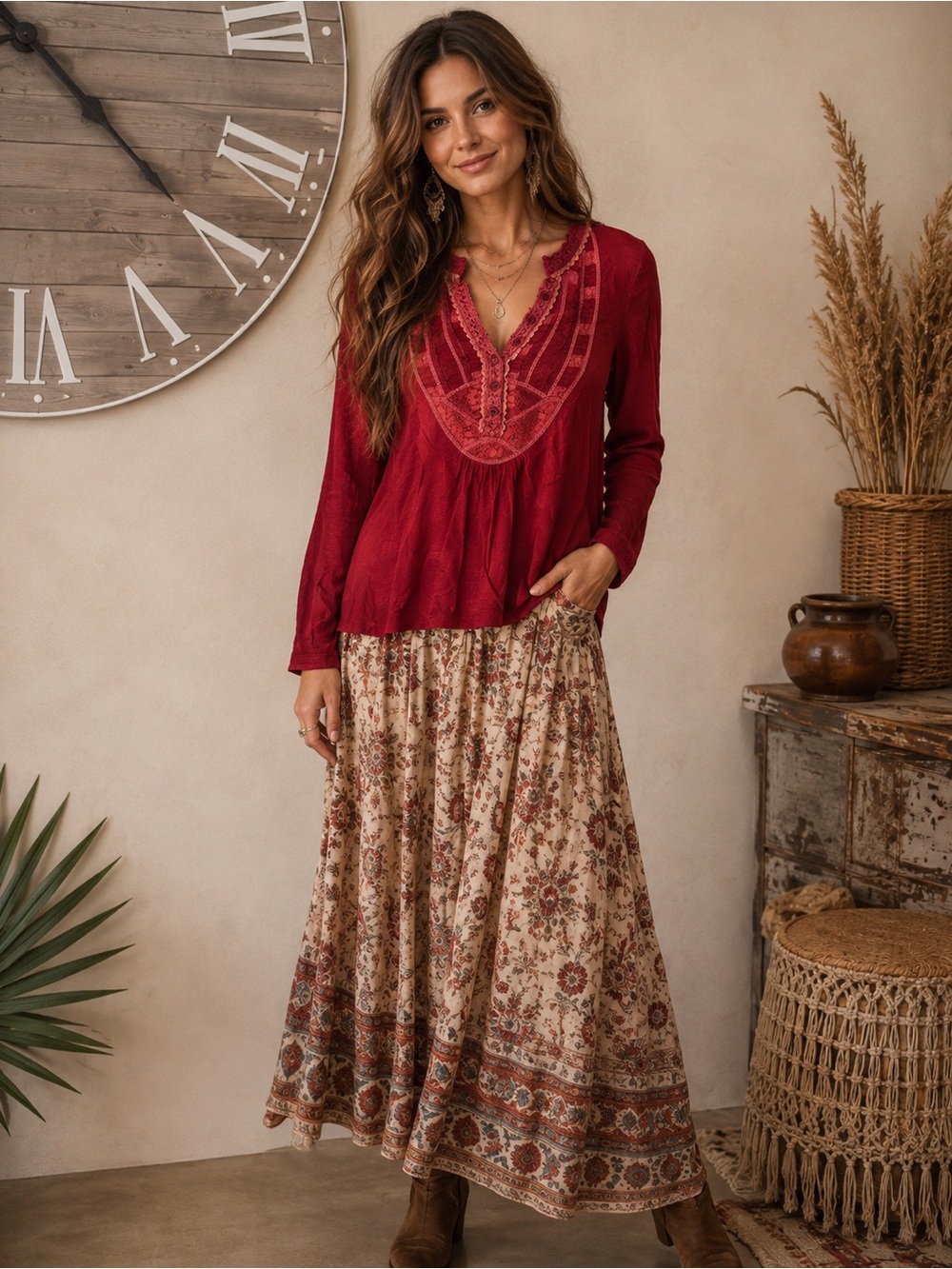 Meadow Rue Burgundy Lace-Trim Long Sleeve Top